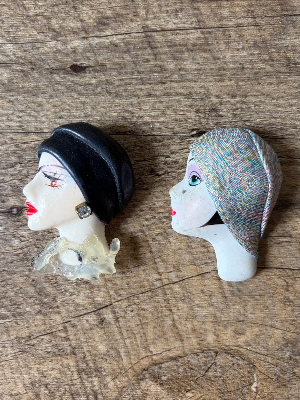 Vintage Art Deco 3D Flapper Lady Head Portraits Brooch & Decorative Plaque Pair